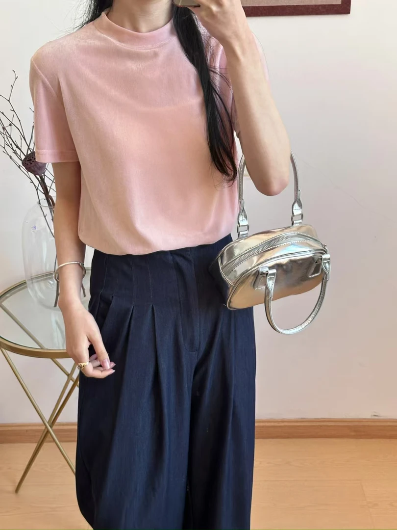 2025春秋新款女装简约质感欧货爆款丝绒短袖修身立领T恤短款