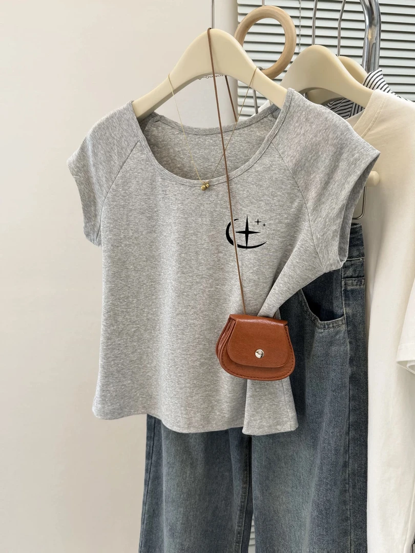 夏季韩版百搭显瘦圆领正肩棉质短袖新款印花小个子短款t恤女上衣