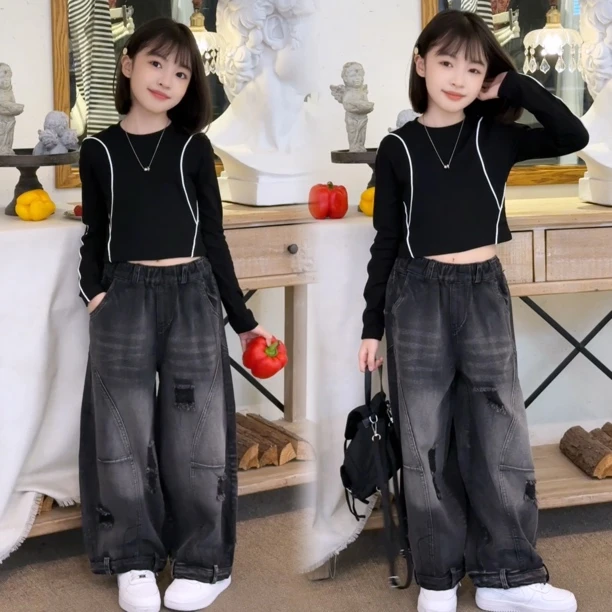 女童套装2025新款春装网红炸街洋气牛仔裤打底衫韩系穿搭儿童衣服