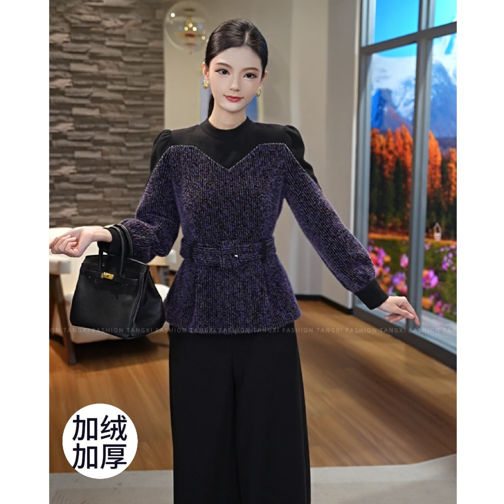 2025年秋冬新款【LT-1279】加绒加厚复古休闲收腰显瘦带腰带上衣