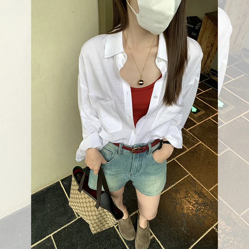 白色知性老钱衬衫 凉感防晒薄外套宽松格纹衬衣QC241057