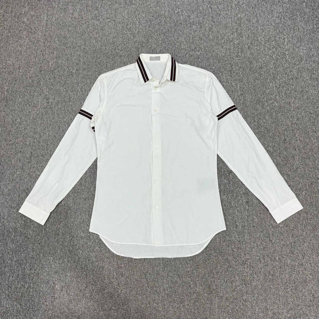 99新 DIOR/迪奥 16267758 白色双袖条纹翻领单排扣长袖衬衫 38码