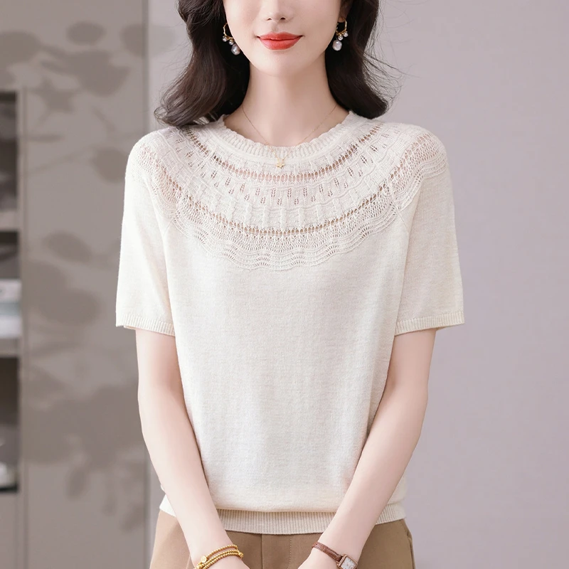 夏季大码女装薄款镂空短袖T恤宽松显瘦洋气时尚圆领冰丝针织上衣