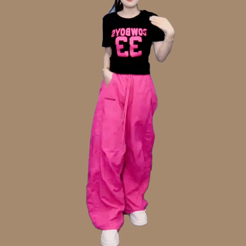 冰丝欧货抽绳速干伞兵裤夏季薄款2025年高腰玫红色松紧跳舞裤子女