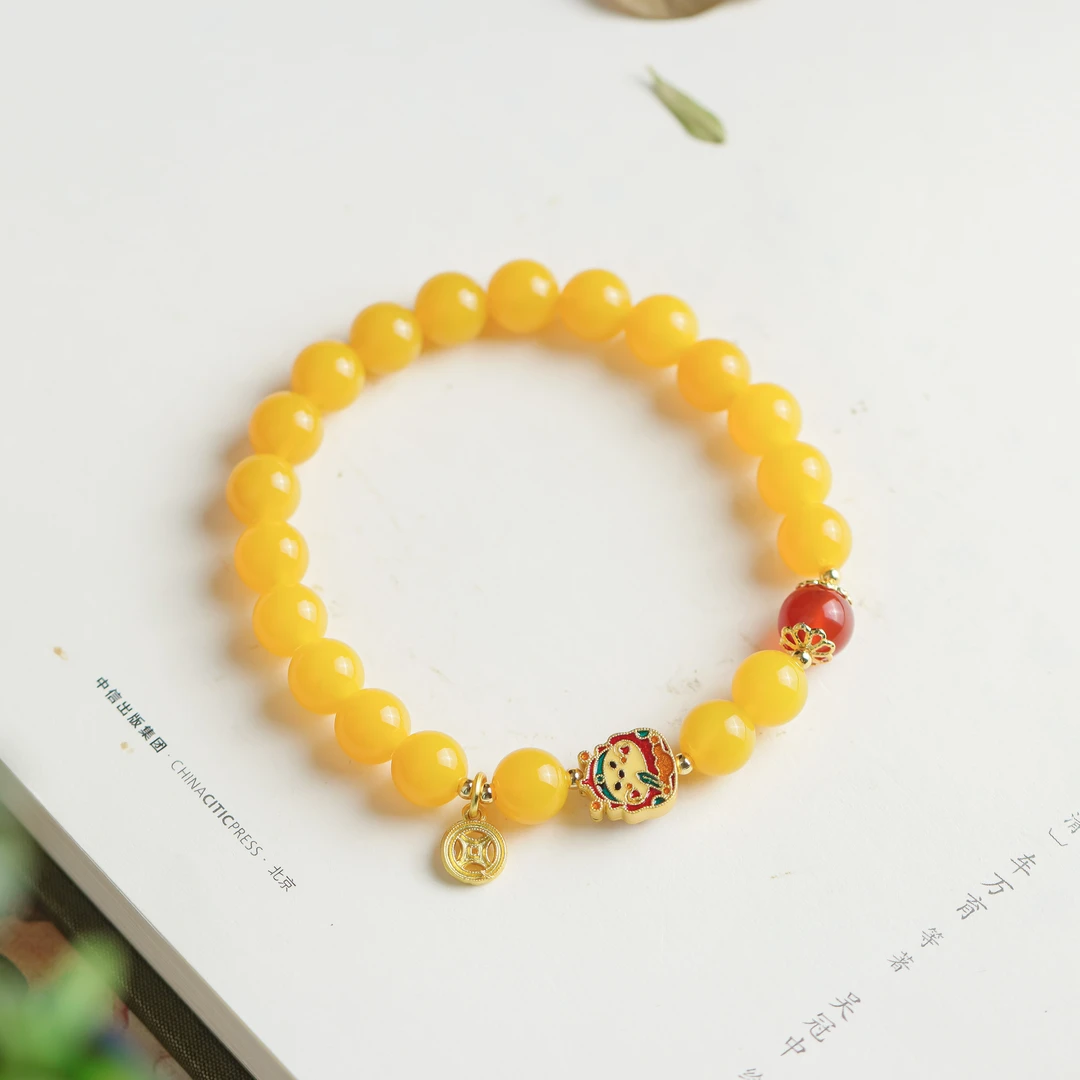 黄玛瑙圆珠铜钱小财神手工DIY时尚百搭送礼女款单圈手串