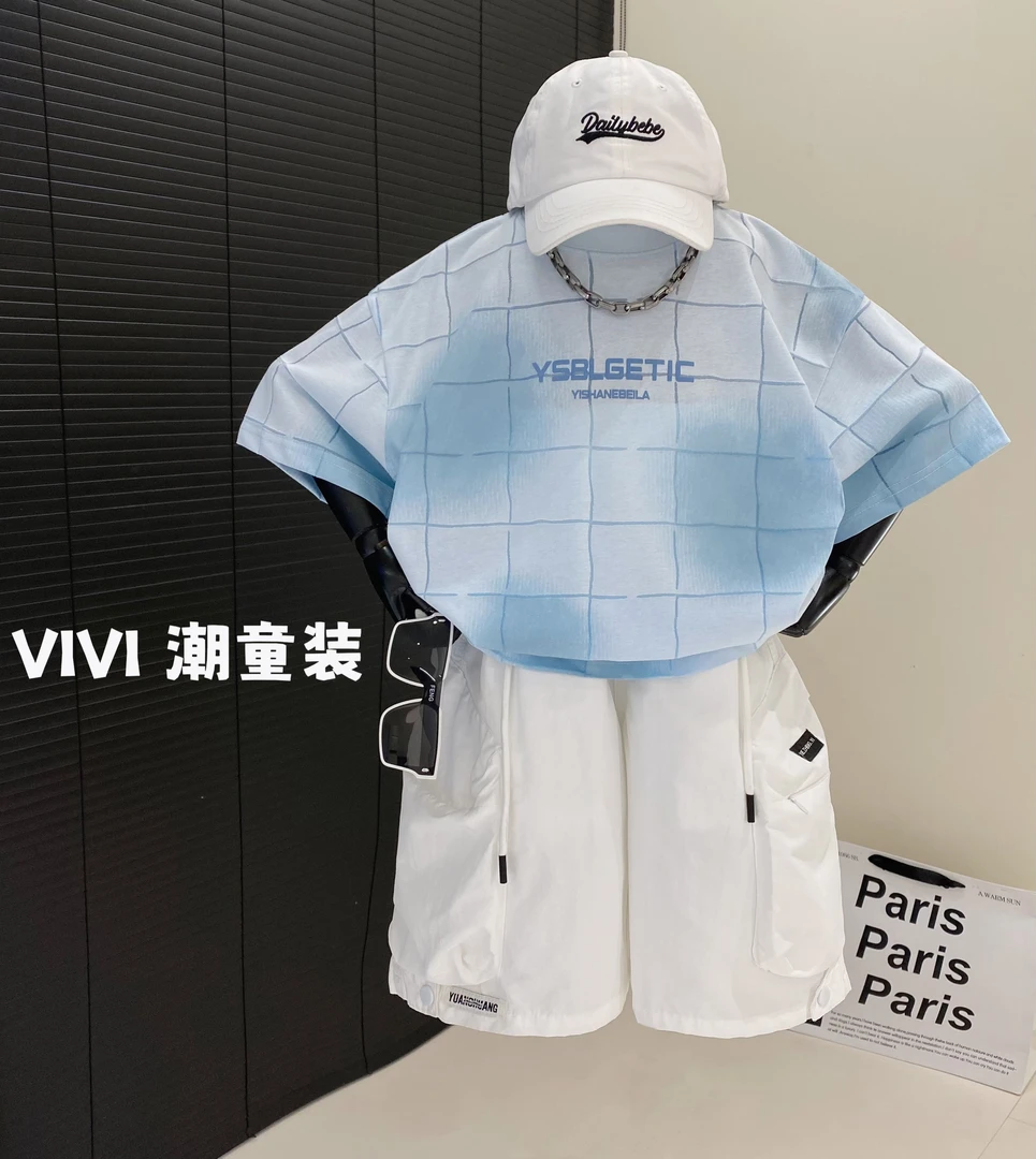 VIVI童装 2025夏季潮牌中大童格纹烧花扎染印花薄短袖T恤