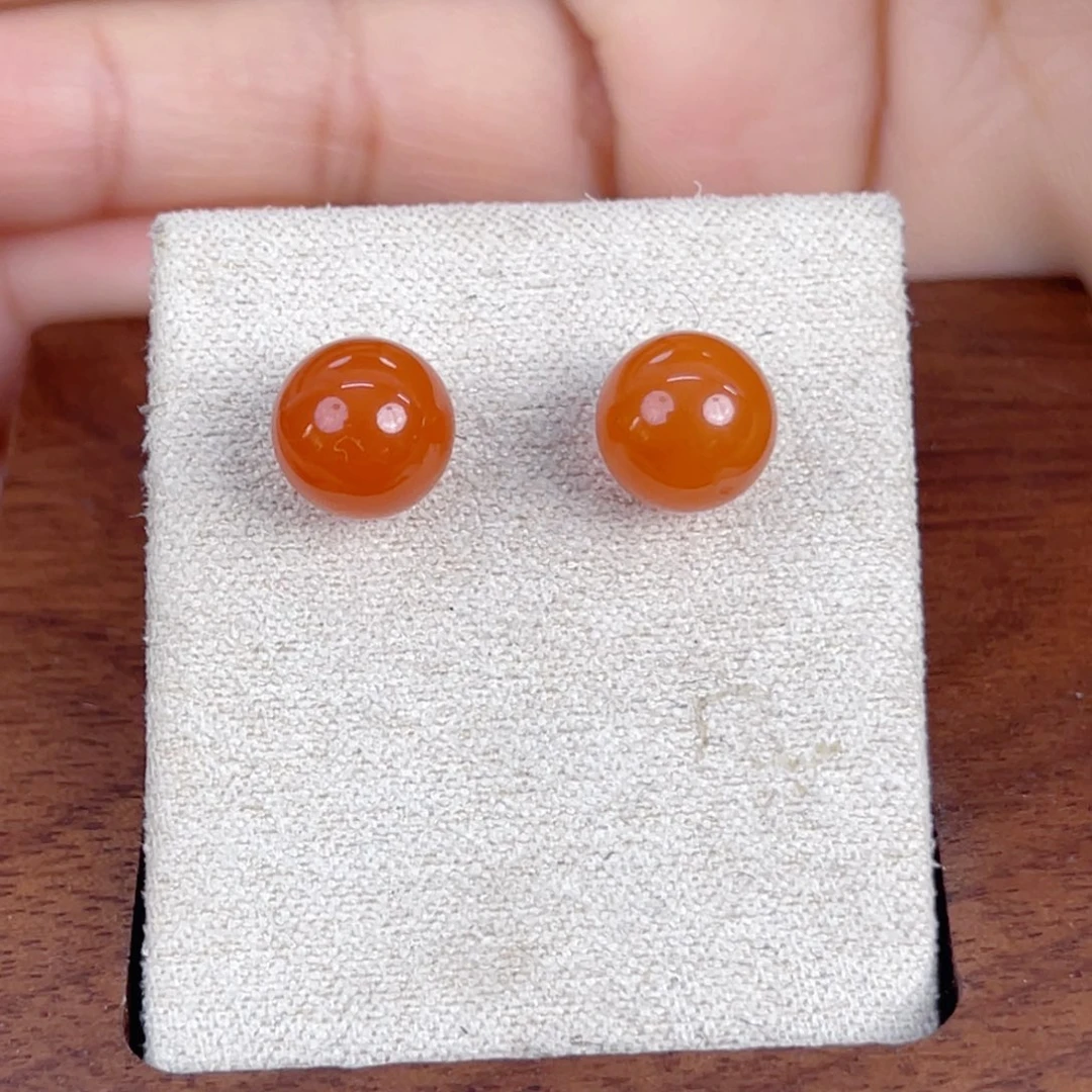 南红玛瑙未镶嵌保山柿子红单珠耳钉8mm