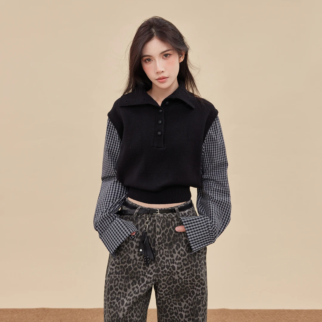 EDX黑色格子袖子上衣假两件女早秋新款翻领显瘦针织衫T恤88930