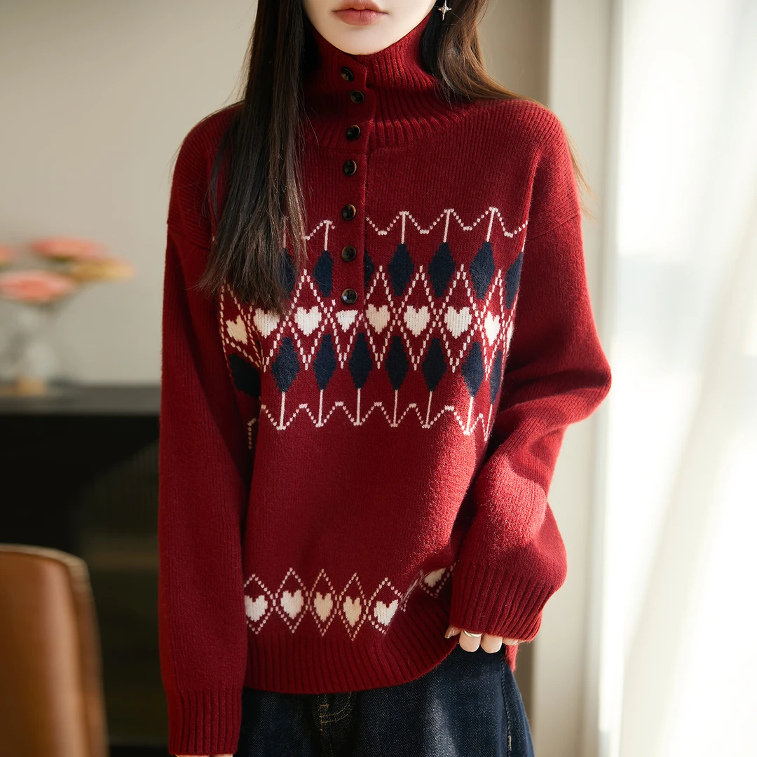 胖mm秋冬大码半高领红色本命年马年女士毛衣费尔岛内搭针织打底衫