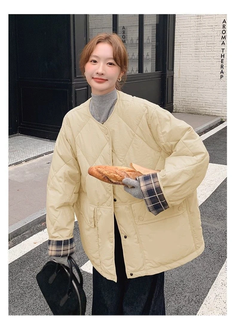 宽松圆领轻薄款菱格小个子棉服女款保暖外套百搭休闲韩系设计感