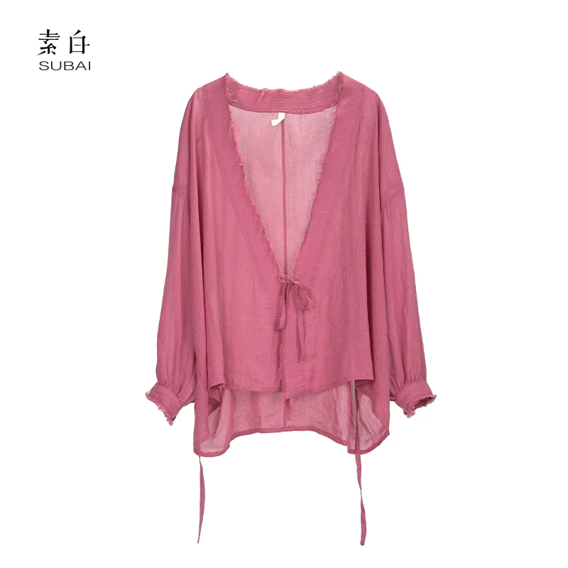 素白设计师【随心】T01229度假风减龄气质绑带100%苎麻防晒外搭衬衫