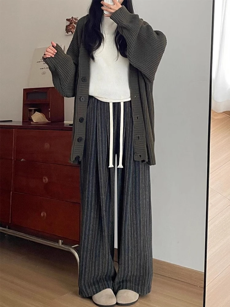 毛呢竖条纹休闲女大码秋季新款胖mm梨形身材高腰宽松显瘦阔腿裤子