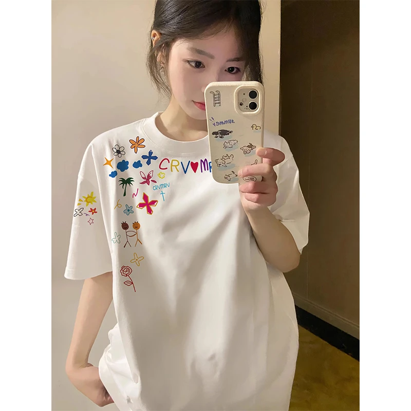 美式多巴胺初中生纯棉短袖t恤女夏季宽松设计感小众重磅高街上衣