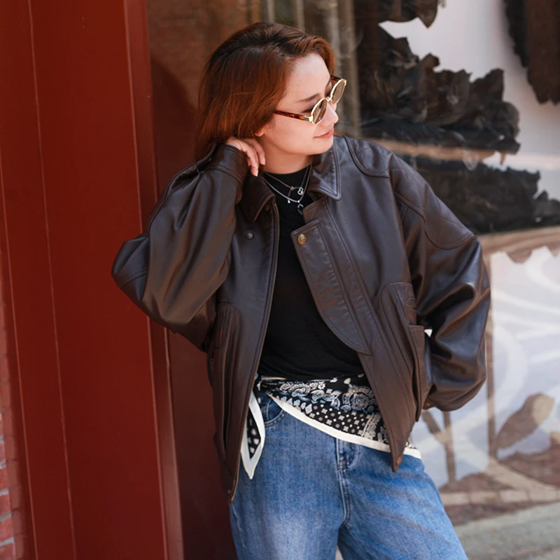 甜石【自由宣言】秋冬新款油蜡绵羊皮复古夹克女外套机车外套