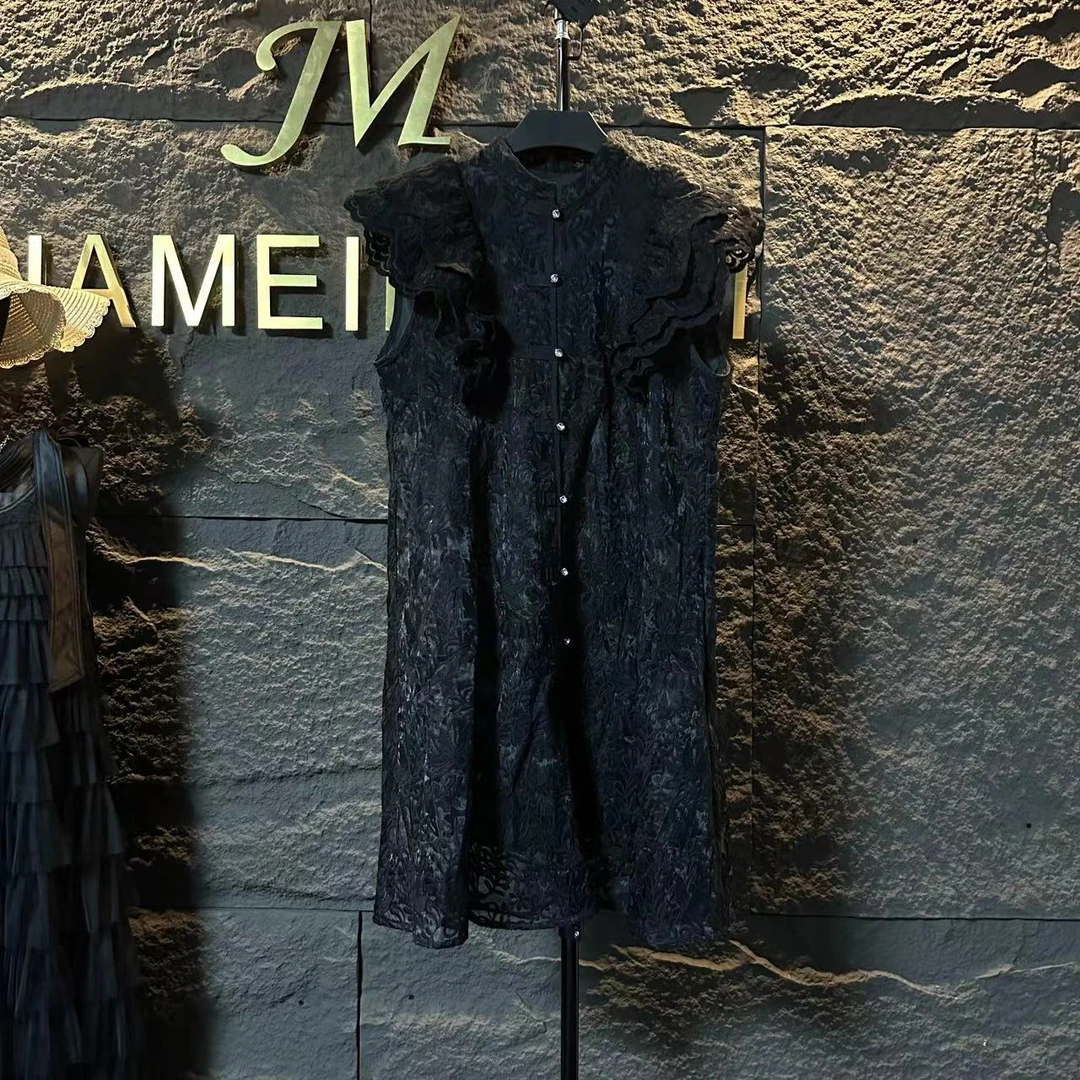 MIQIYMI新款蕾丝飞边袖轻奢气质夏季时尚黑色显瘦设计连衣裙Q041