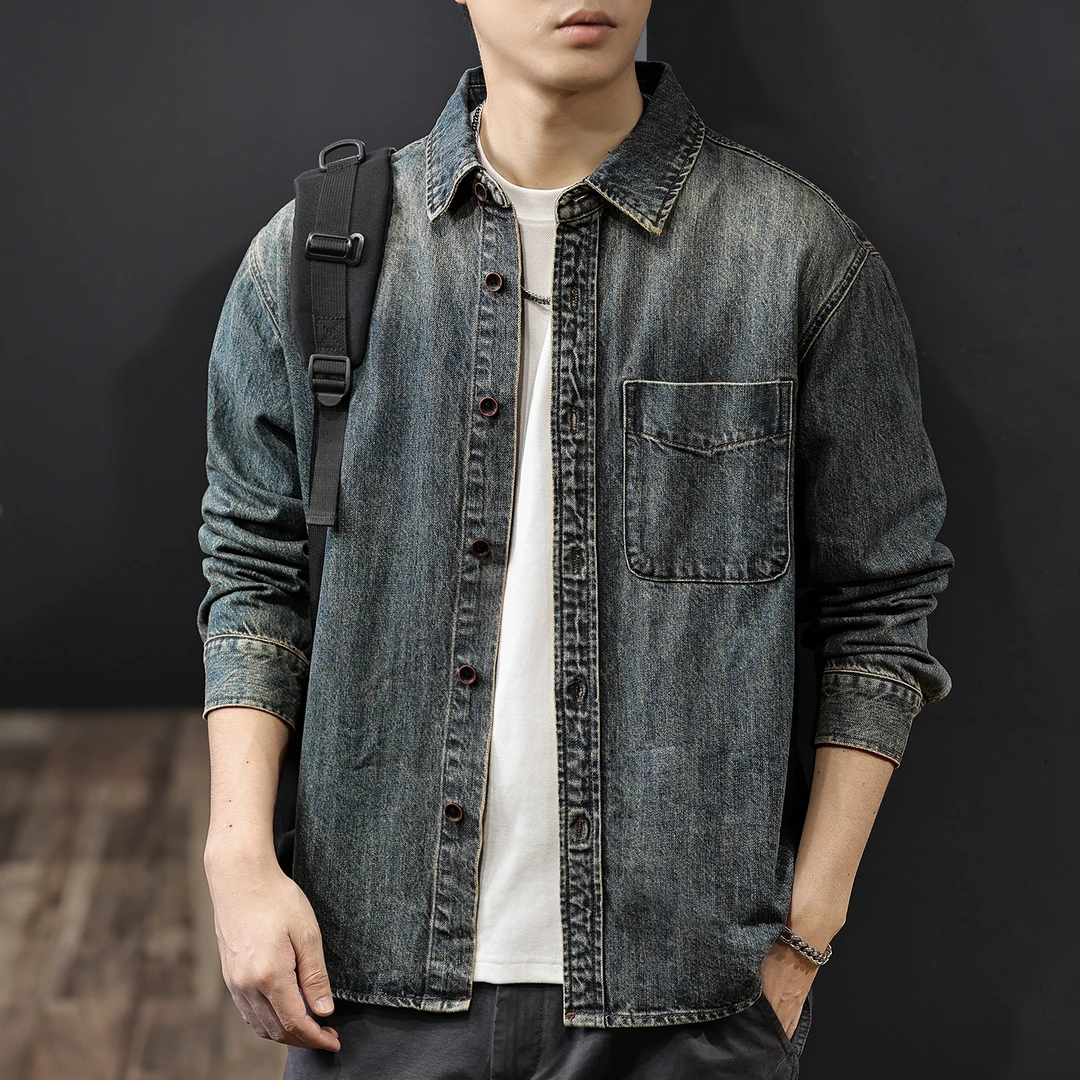 MR.MUDI/穆迪先生美式牛仔长袖衬衫男士秋季新款宽松工装衬衣外套