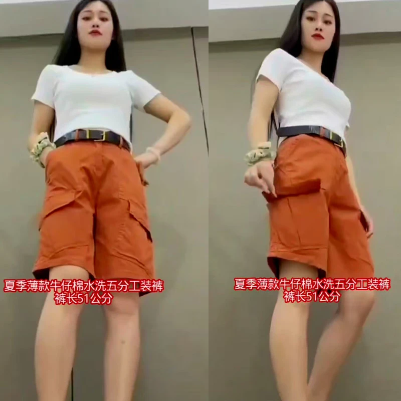 夏季薄款牛仔棉工装休闲五分裤女六个兜宽松设计百搭高腰显瘦热裤