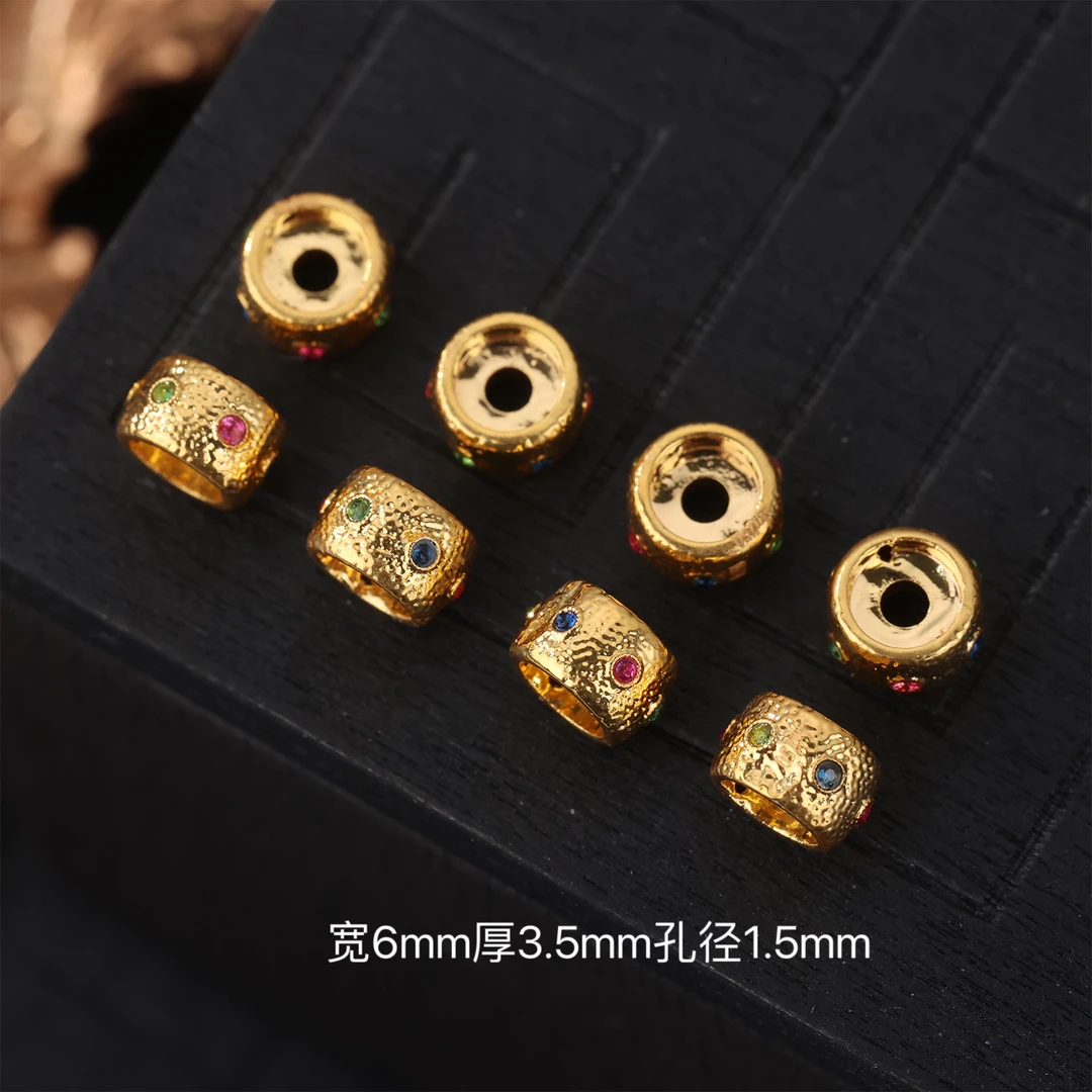 【来福工厂】18k金豪镶红蓝绿宝锤纹6mm隔珠桶珠DIY隔圈配饰配件