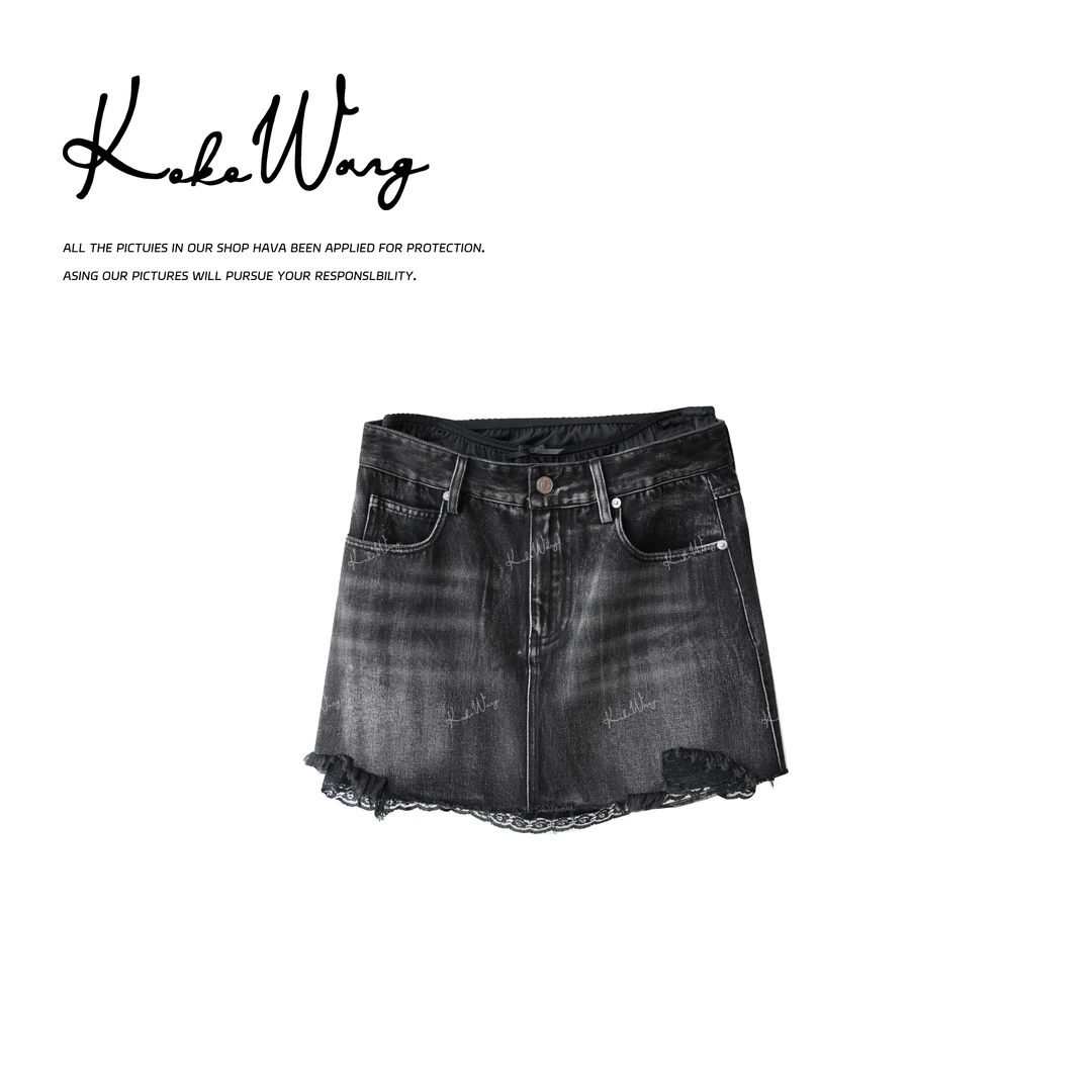 KOKO WANG秋冬新款时尚边显瘦百搭牛仔蕾丝半身裙N2445G18K41