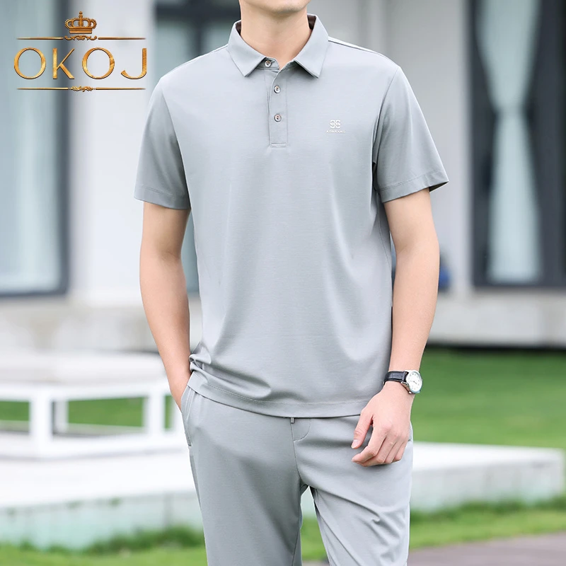 OKOJ休闲运动套装男桑蚕丝冰丝凉感透气夏季薄款短袖长裤两件套