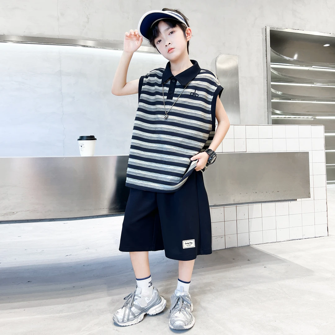 儿童装男童夏装背心套装2025新款中大童洋气夏季无袖条纹POLO衫潮
