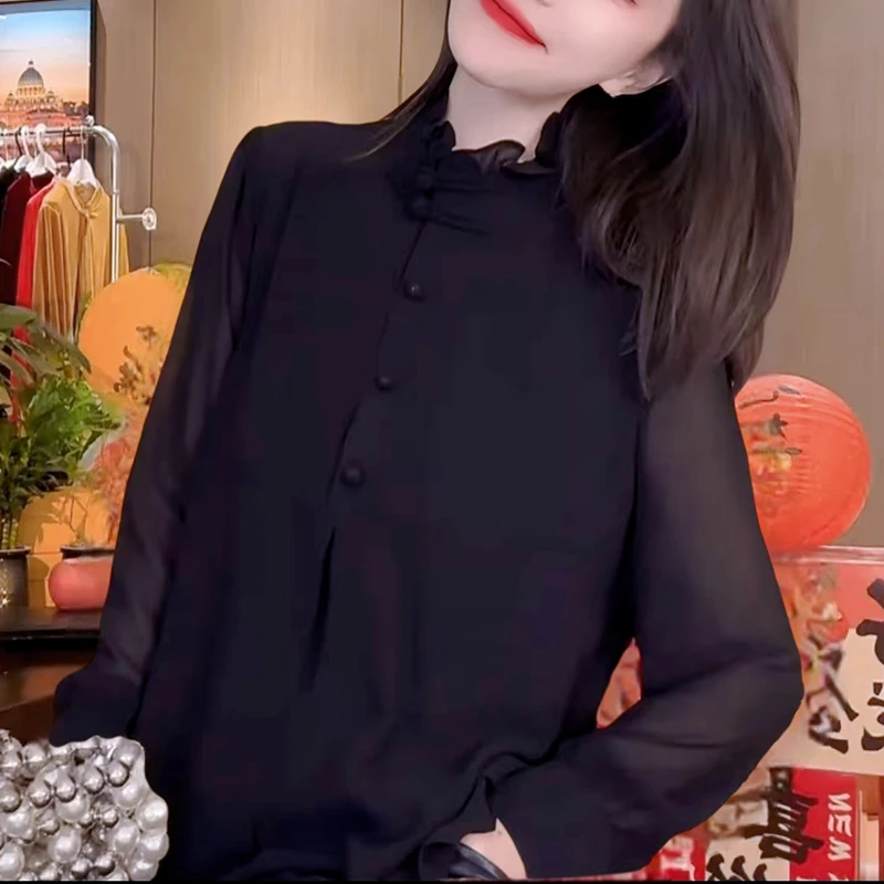 2025新款木耳领収袖双层衬衫时尚宽松显瘦上衣1808