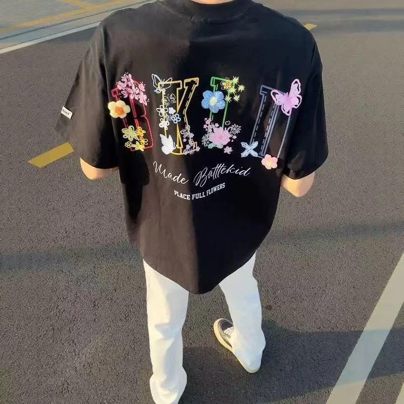 美式高街立体花朵刺绣短袖t恤男夏季复古潮牌宽松重磅小众上衣潮