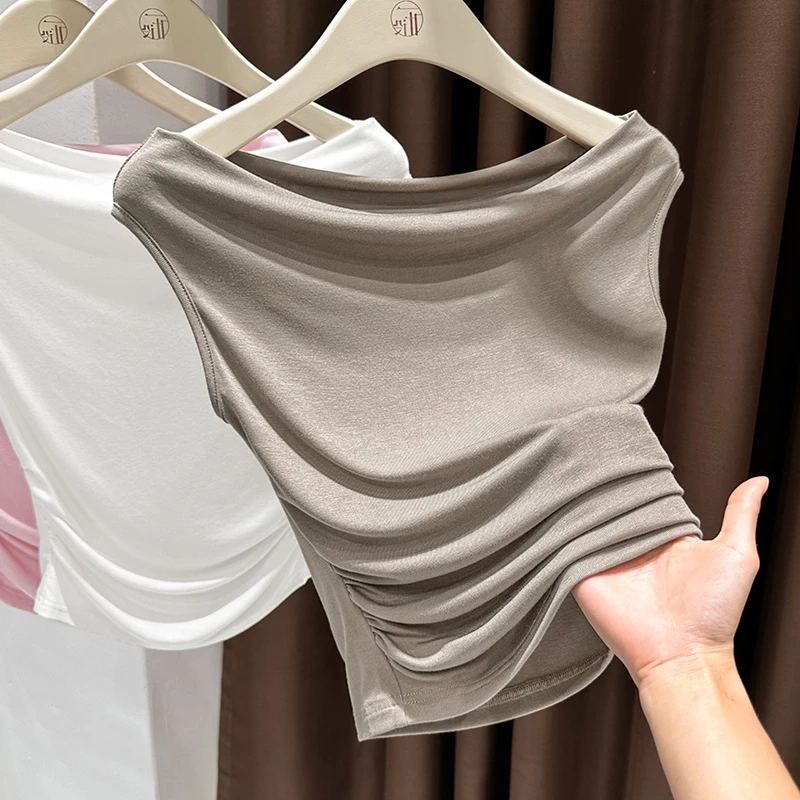 奶咖色修身显瘦ins韩版百搭气质高档一字领T恤2025夏季新款上衣女