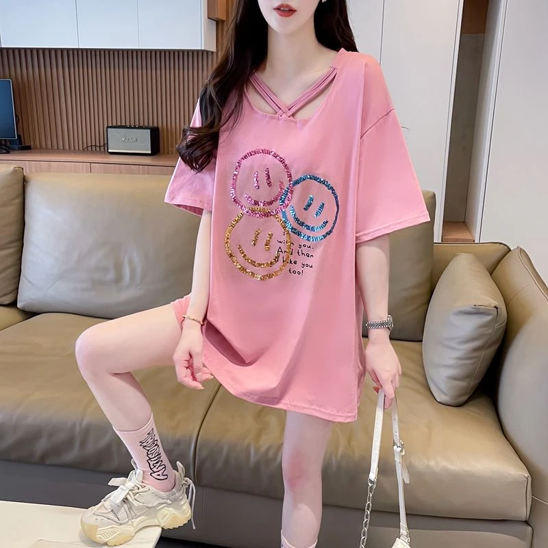 2025年夏季新款纯棉大码200斤半袖体恤衫女超好看遮肚子百搭打底T