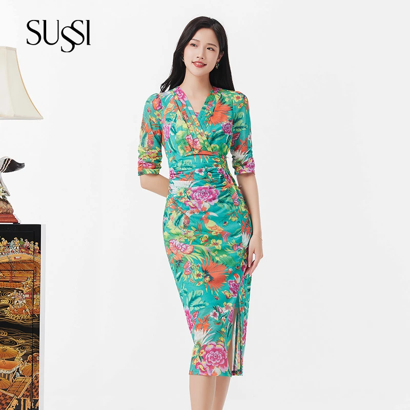 【精美印花】SUSSI/古色夏季绿色印花V形交叉领高腰度假连衣裙女