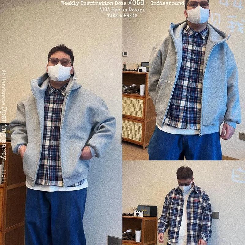 陈达浪不太胖大码男装春季新款灰卫衣外套格子衬衫牛仔裤搭配套装