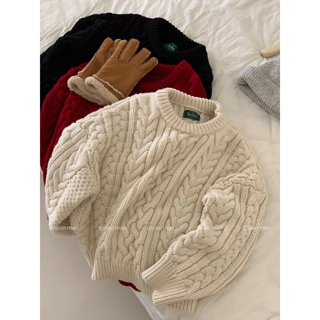 早秋新款粗棒针麻花毛衣女秋冬宽松慵懒风长袖女圆领针织衫上衣