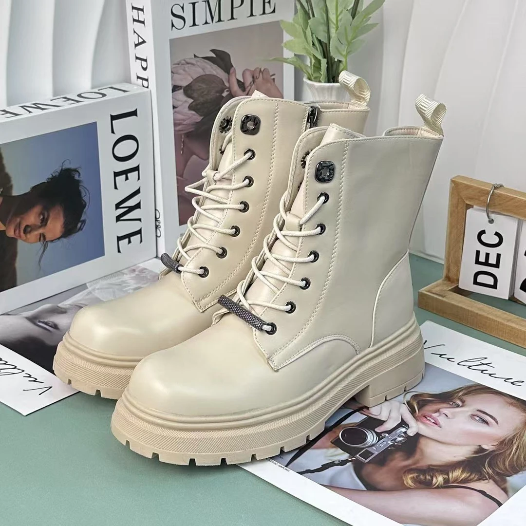 厚底马丁靴女2025年新款秋冬季百搭ins英伦风增高粗跟机车短靴08