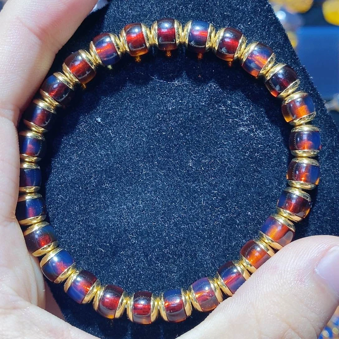 蓝珀银S925镀金镶嵌珠宝奇石7MM墨西哥红蓝灯笼手串