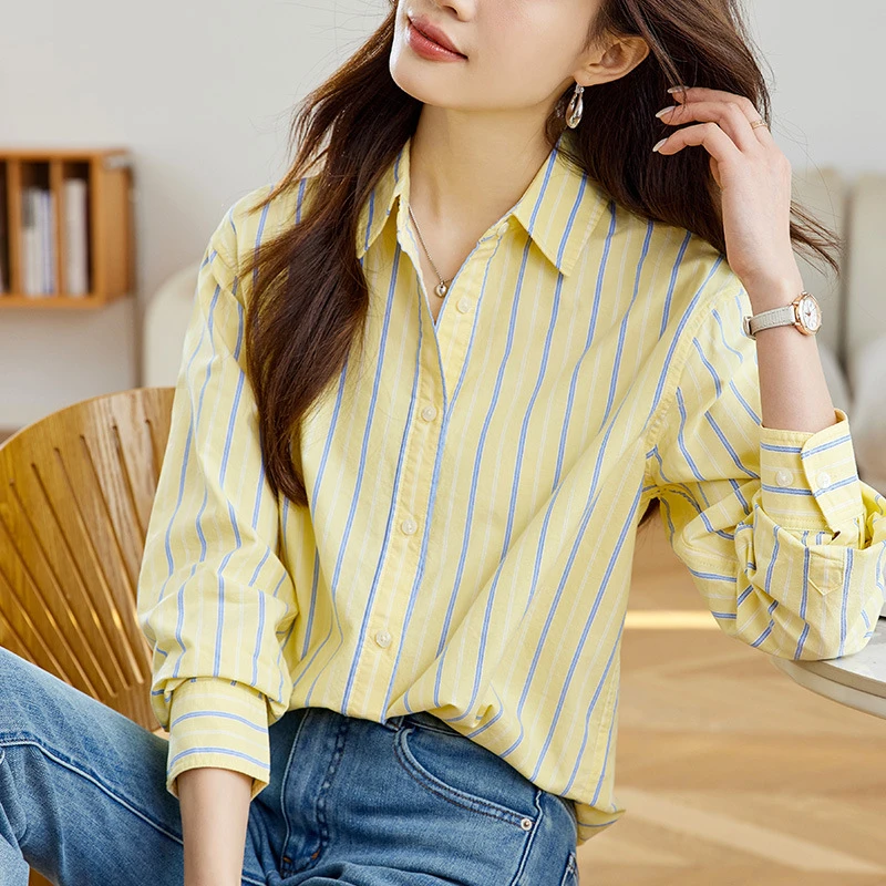 条纹衬衫女2025秋秋装新款长袖宽松显瘦设计感小众气质衬衣上衣潮