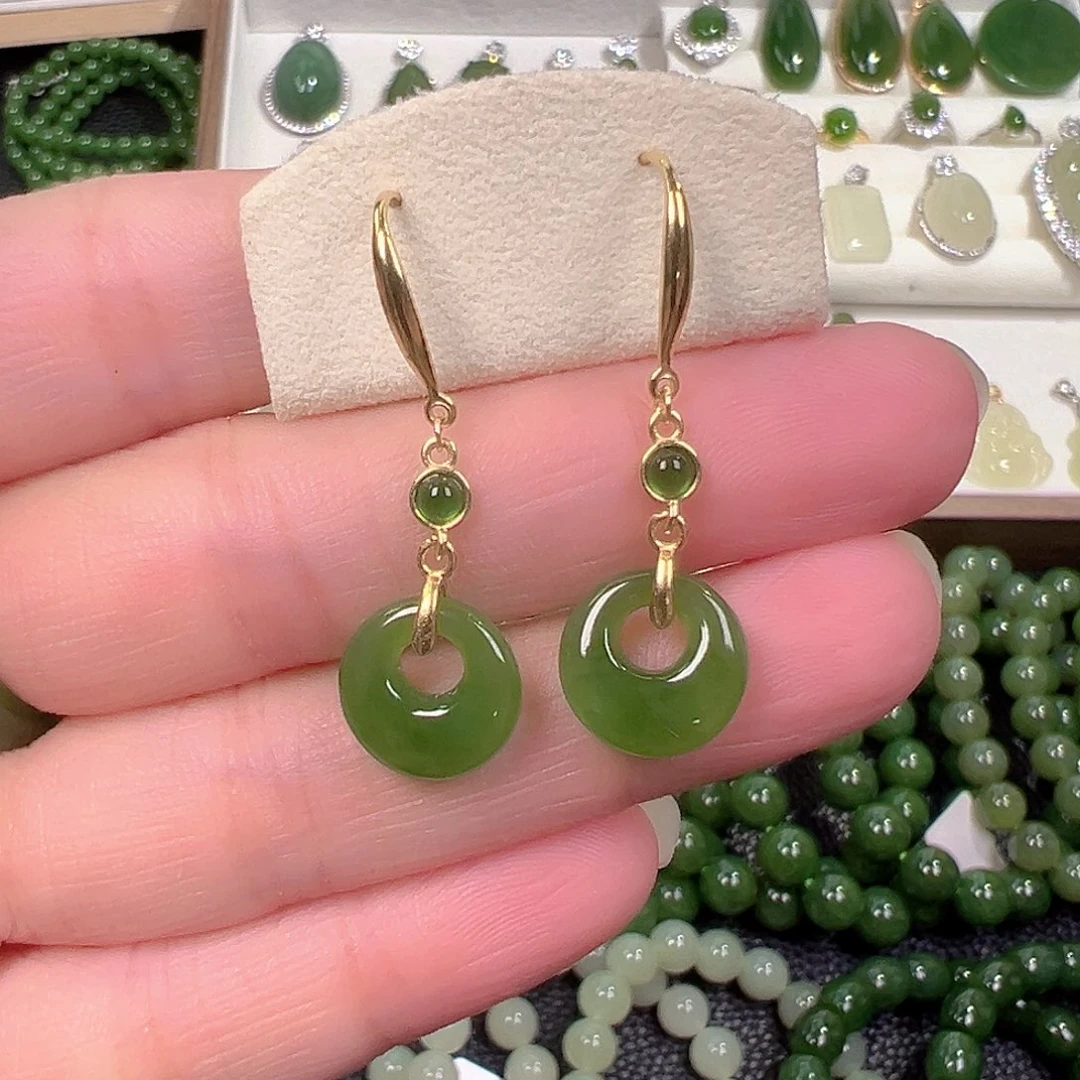 和田玉（碧玉）银S925镀金镶嵌耳饰