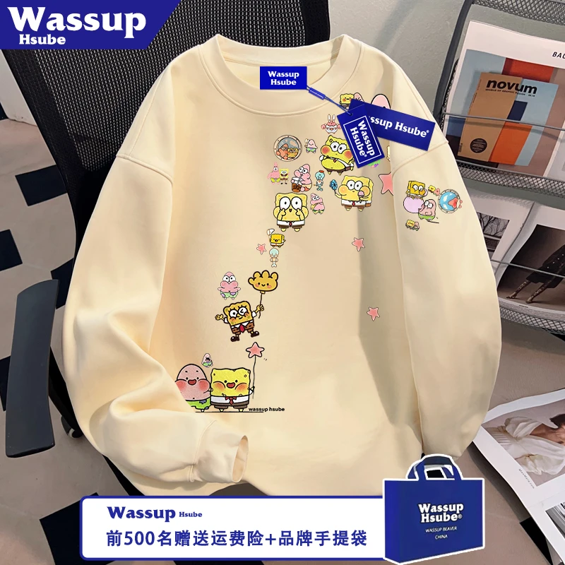 WASSUP HSUBE秋杏色圆领T恤ins男女上衣海绵宝宝印花纯棉重磅长袖