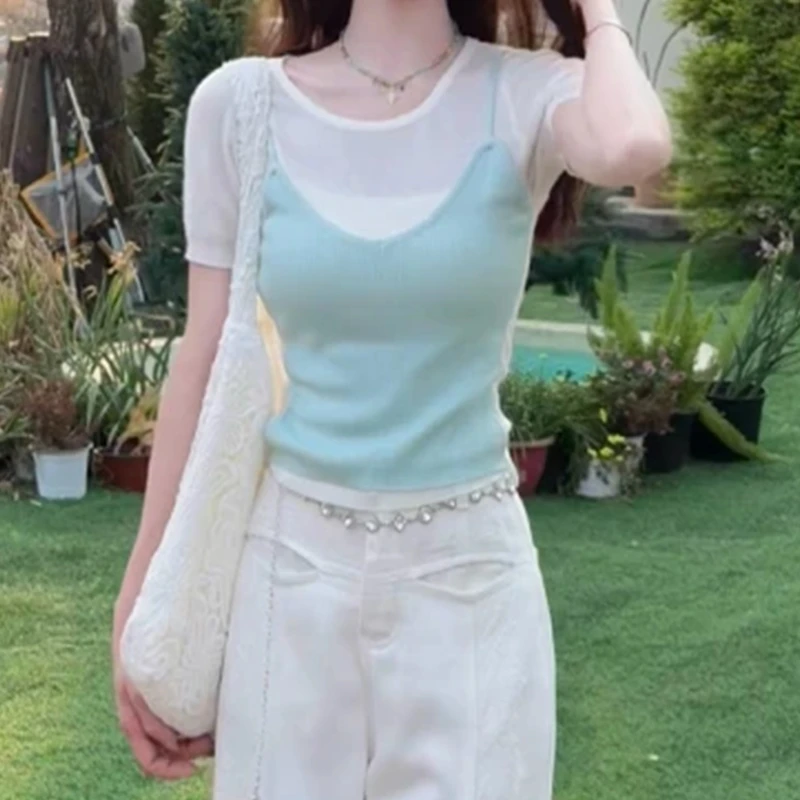 欧若风气质假两件短袖上衣女2025夏新款独特漂亮修身显瘦T恤0920