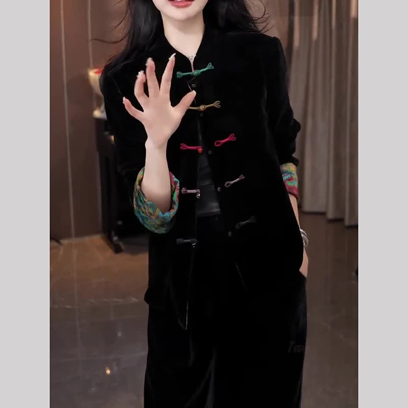 新中式国风女装知性风丝绒上衣2025秋季新款高级感老钱风黑色外套