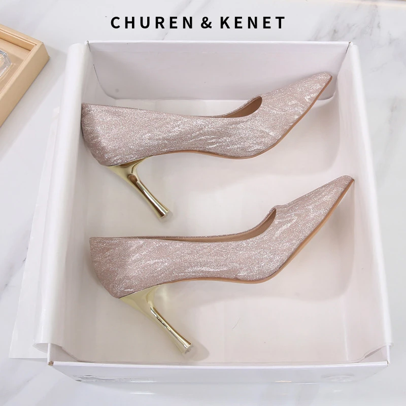 CHUREN&KENET小众香槟金高跟鞋女细跟设计感小众婚鞋秀禾婚纱两穿