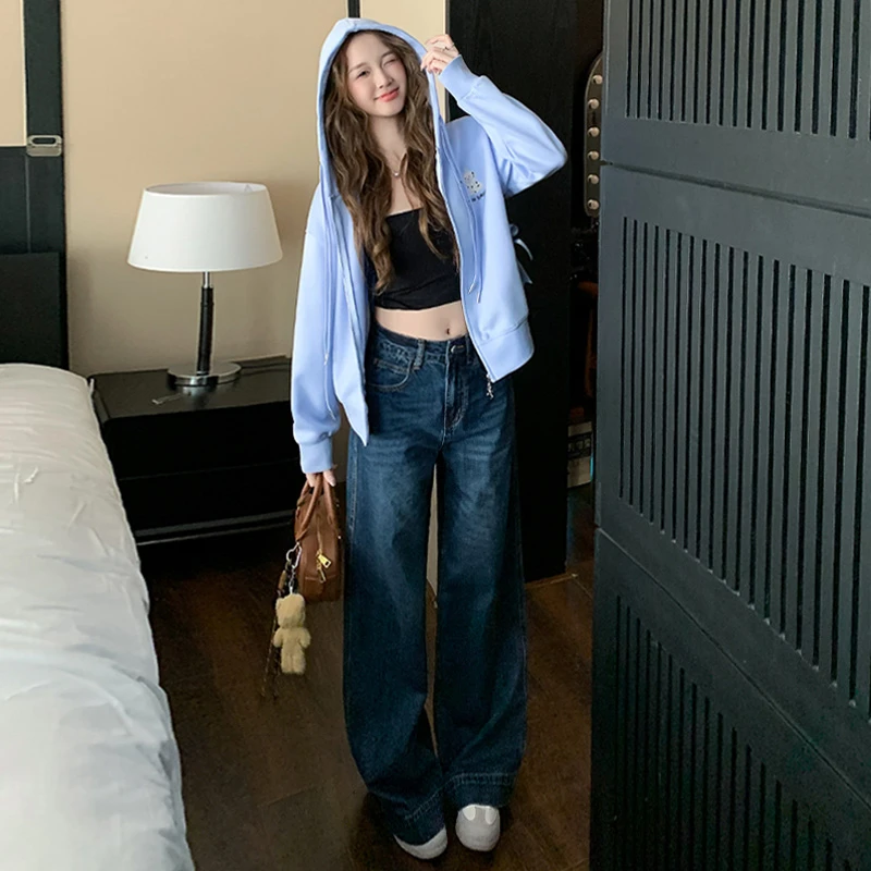 盐系可爱休闲运动套装春女新款连帽拉链卫衣阔腿牛仔裤减龄两件套