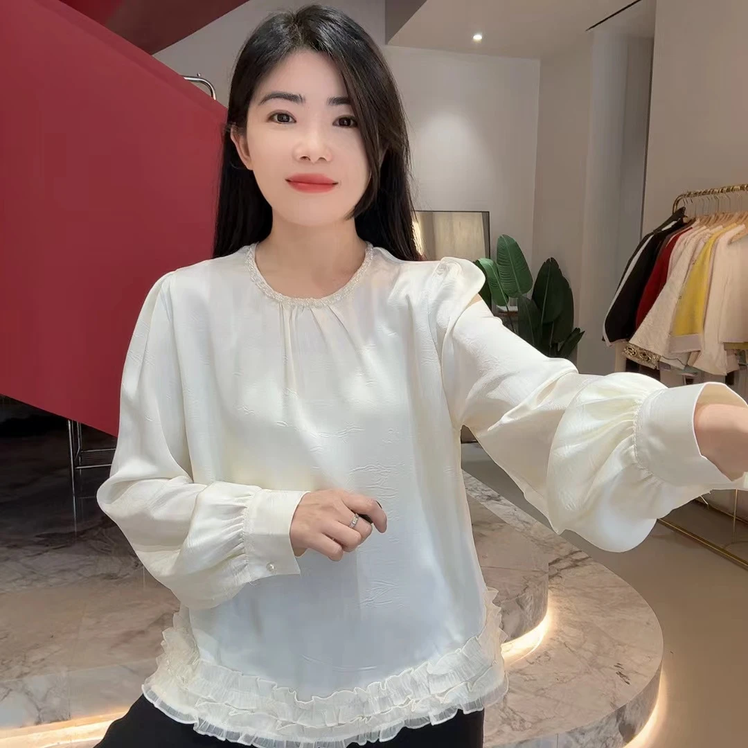 QC 252618 法式圆领钉珠下摆拼接花边衬衫