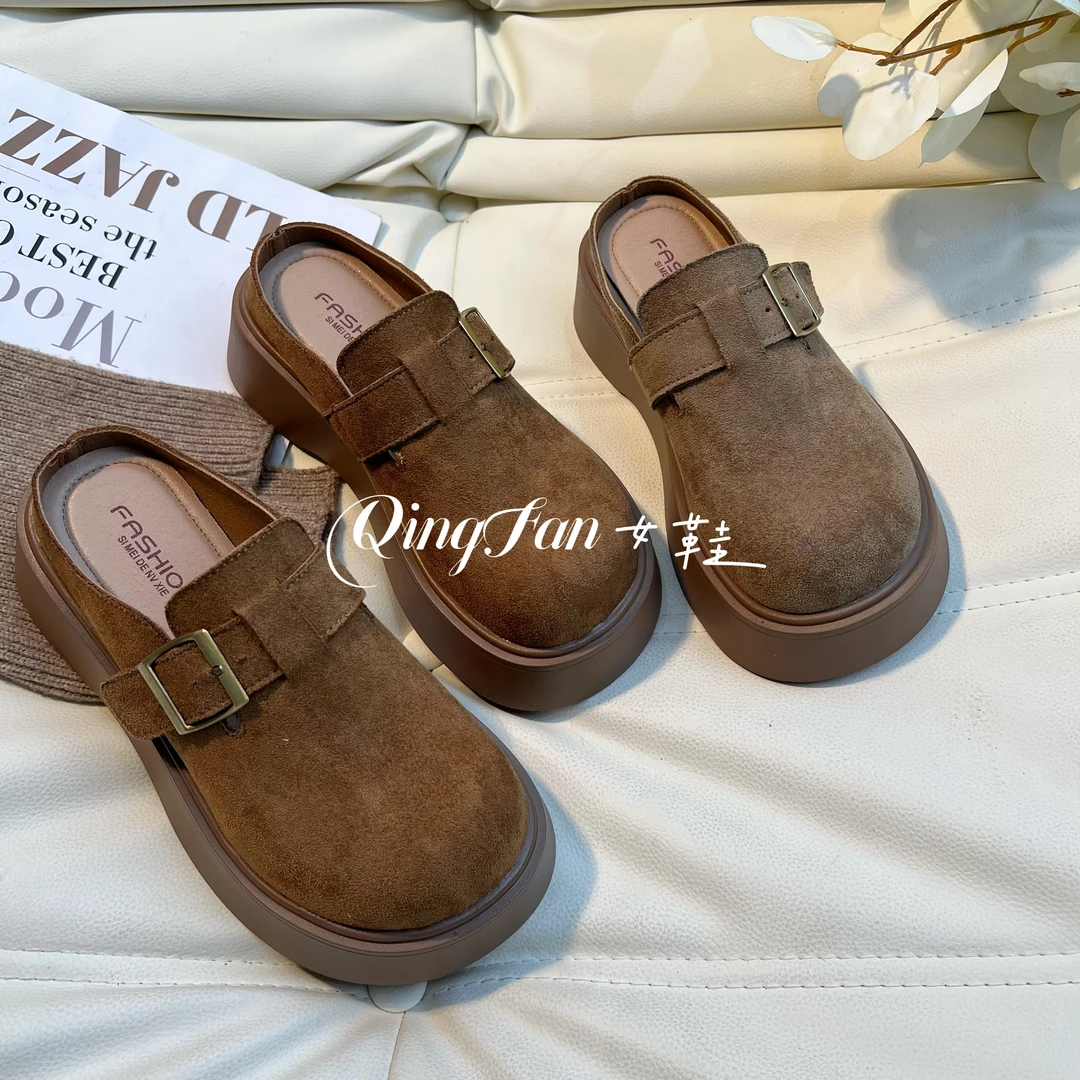 一脚蹬穆勒包头半拖鞋女外穿2025年春秋新款厚底增高复古勃肯拖鞋