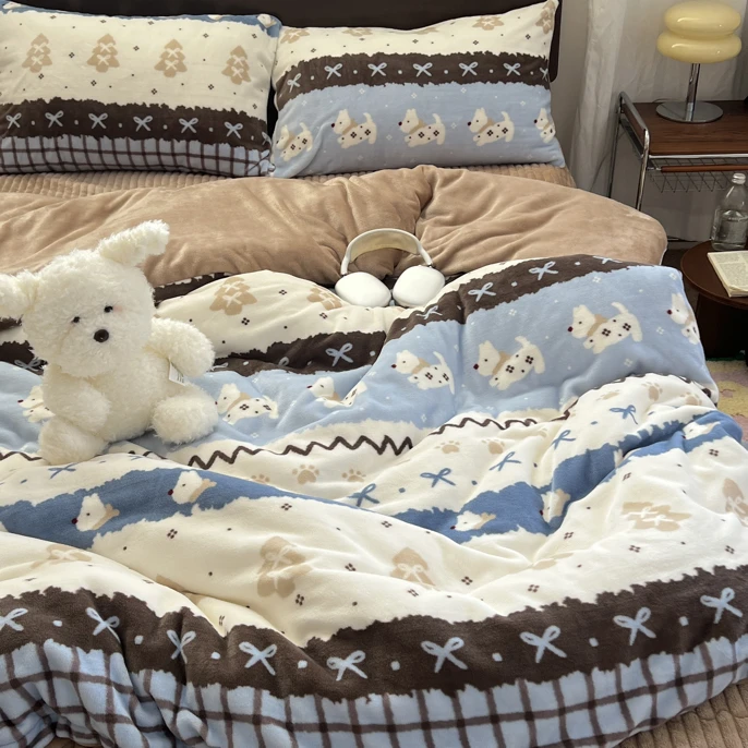 秋冬上新加厚款牛奶绒床盖床笠四件套宿舍三件套