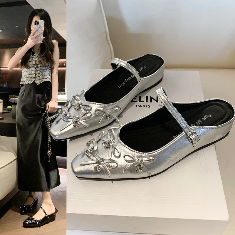 内增高银色包头半拖鞋女外穿2025春夏季气质芭蕾蝴蝶结玛丽珍单鞋