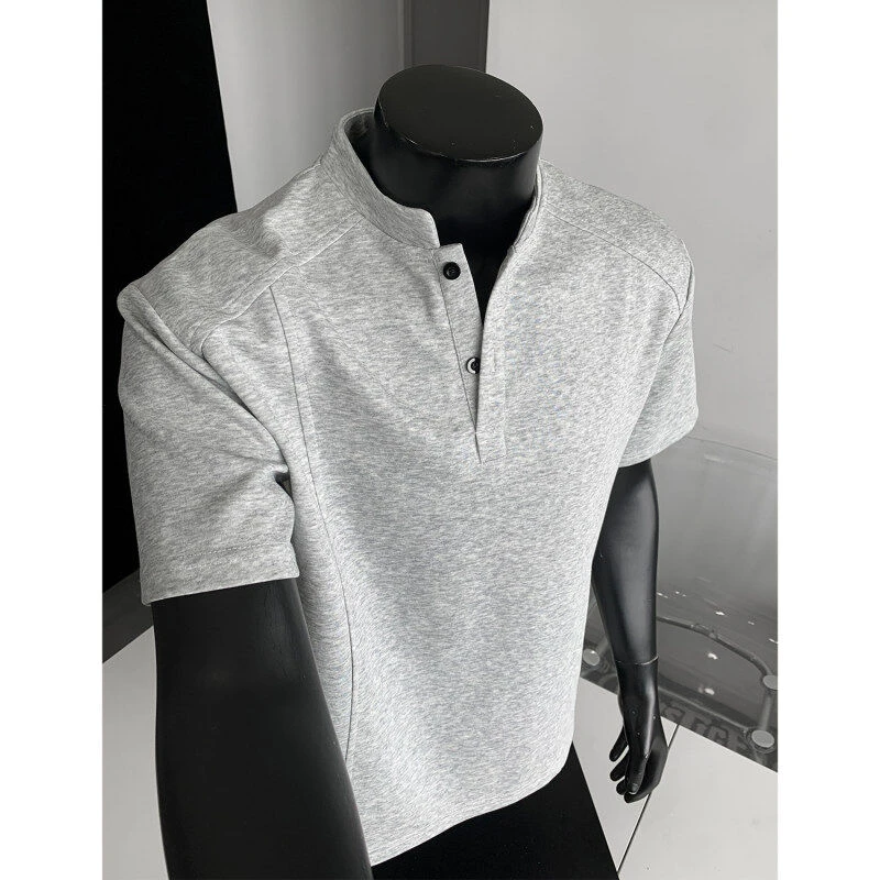浅灰色解构亨利领重磅短袖t恤男夏季潮牌boxy半袖痞帅宽松五分袖