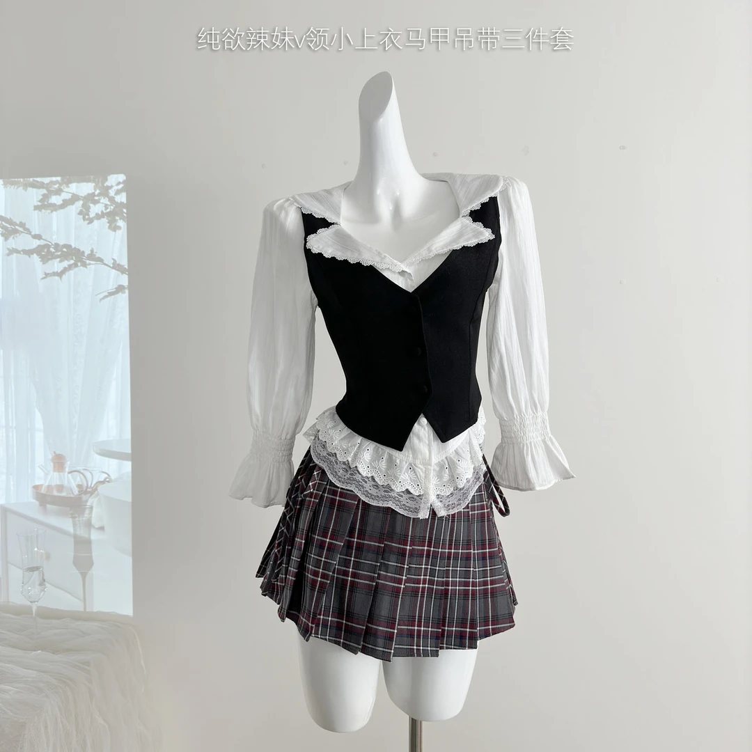 【爱豆体验卡】衬衫马甲裙裤三件套V型方领收腰衬衫套装女