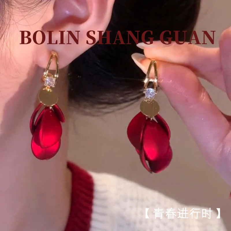 铜合金耳饰 花朵流苏耳环时尚设计感耳坠优雅百气质安可拉红lf