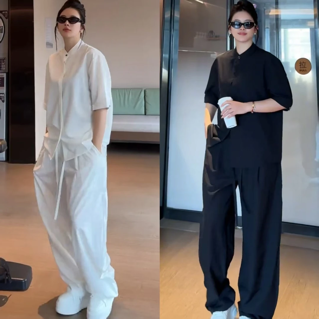 【北木】男女同款夏季薄款冰丝短袖纯色衬衣衬衫休闲裤两件套套装