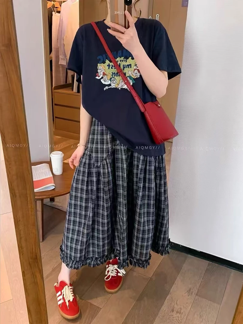 「小吴家」夏装薄款蓝色短袖卡通字母印花T恤上衣+百褶格子半身长裙